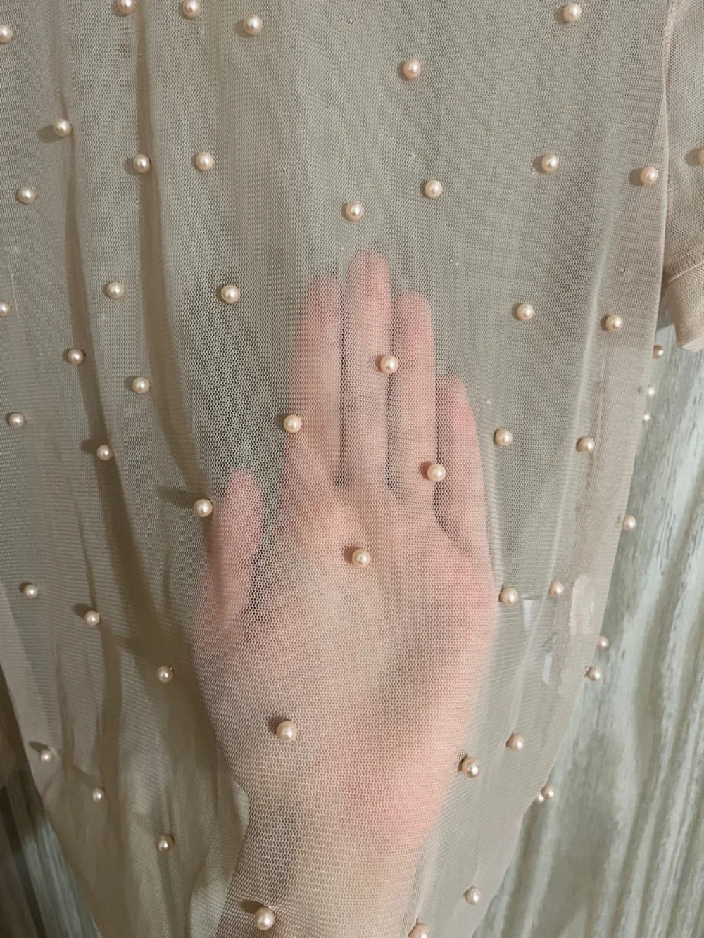 Zara Peach Sheer Pearl-Embellished Short Sleeve Top - Picture 4 of 7